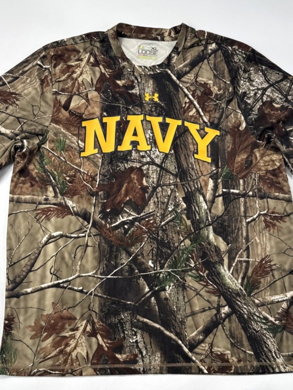 Under Armour Camo US Navy Shirt Mens XL Catalyst Heat Gear Loose Realtree AP